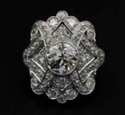 Art Deco 1.75 Ct Old European Cut Diamond Platinum Plaque Ring
