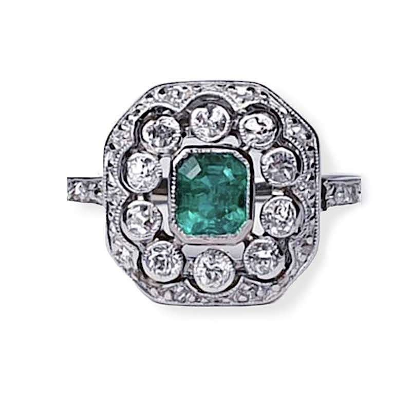 Antique Belle Epoque Emerald and Diamond Cluster Dress Ring