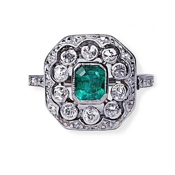 Antique Belle Epoque Emerald and Diamond Cluster Dress Ring