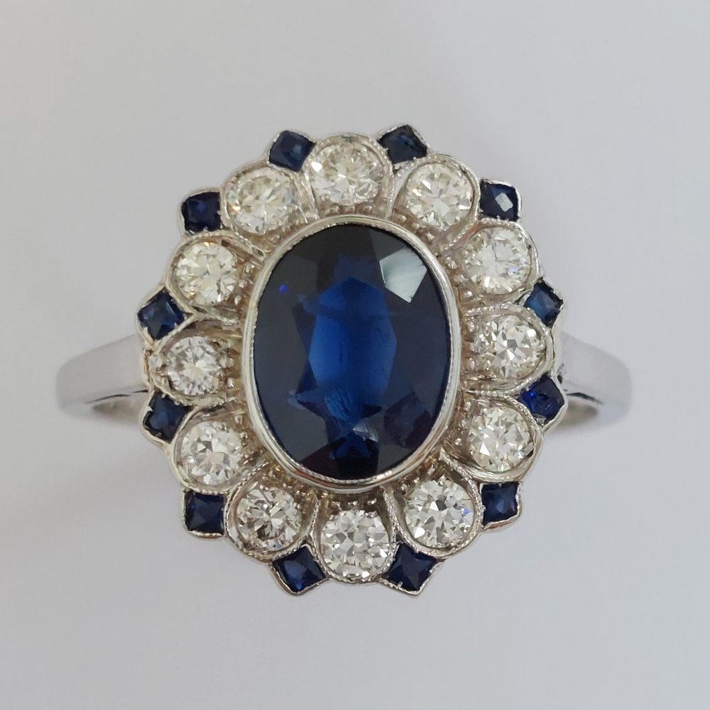 Art Deco 1.85ct Sapphire and Diamond Floral Cluster Ring