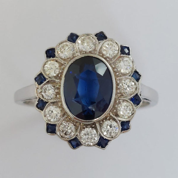 Art Deco 1.85ct Sapphire and Diamond Floral Cluster Ring