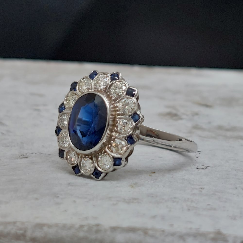 Art Deco 1.85ct Sapphire and Diamond Floral Cluster Ring
