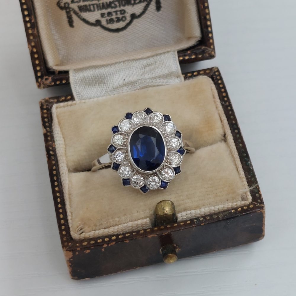 Art Deco 1.85ct Sapphire and Diamond Floral Cluster Ring