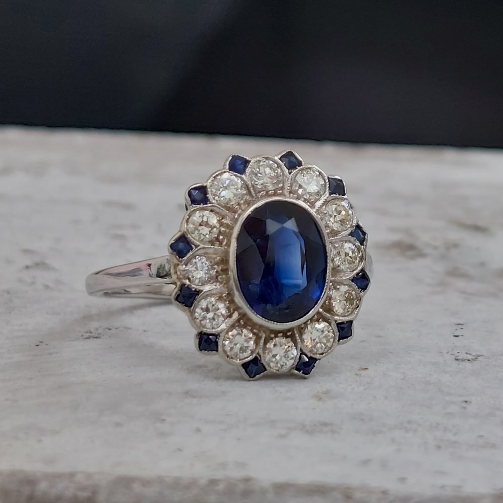 Art Deco 1.85ct Sapphire and Diamond Floral Cluster Ring