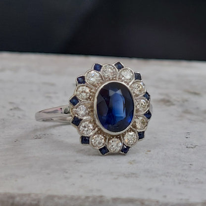 Art Deco 1.85ct Sapphire and Diamond Floral Cluster Ring