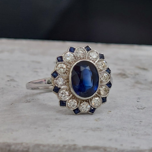Art Deco 1.85ct Sapphire and Diamond Floral Cluster Ring