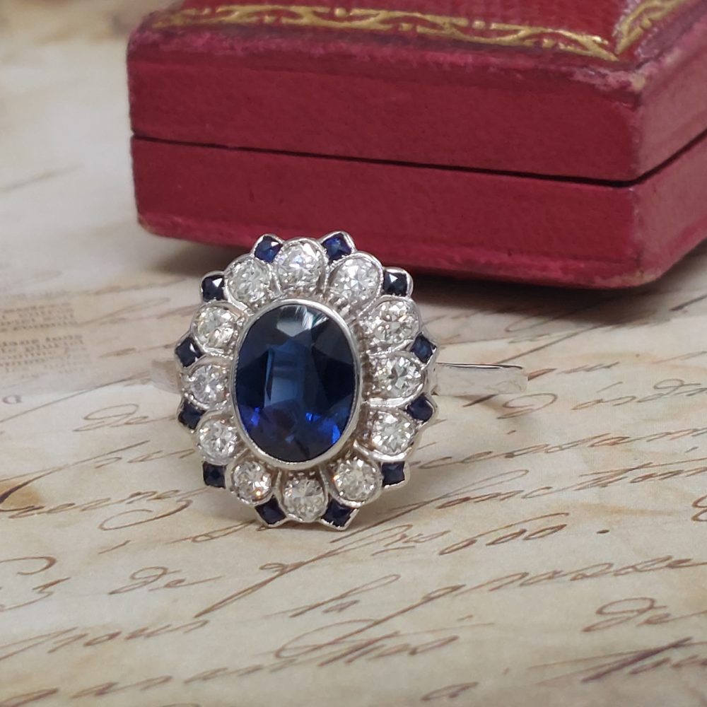 Art Deco 1.85ct Sapphire and Diamond Floral Cluster Ring