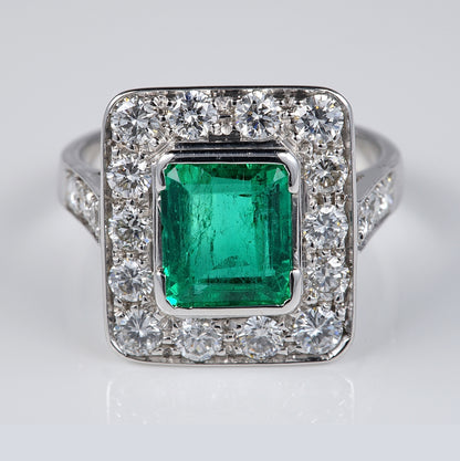 Art Deco 2.1ct Colombian Emerald and Diamond Tablet Cluster Ring