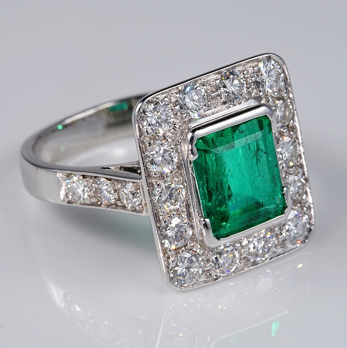 Art Deco 2.1ct Colombian Emerald and Diamond Tablet Cluster Ring
