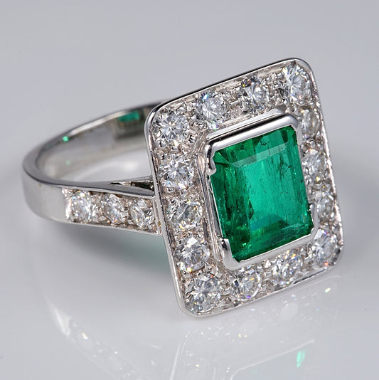 Art Deco 2.1ct Colombian Emerald and Diamond Tablet Cluster Ring