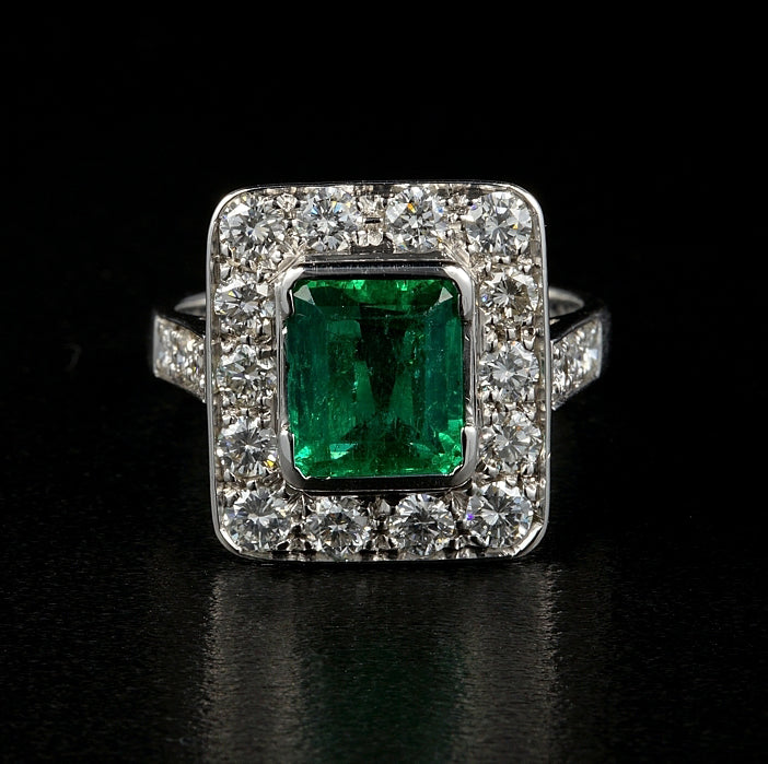 Art Deco 2.1ct Emerald and Diamond Cluster Ring