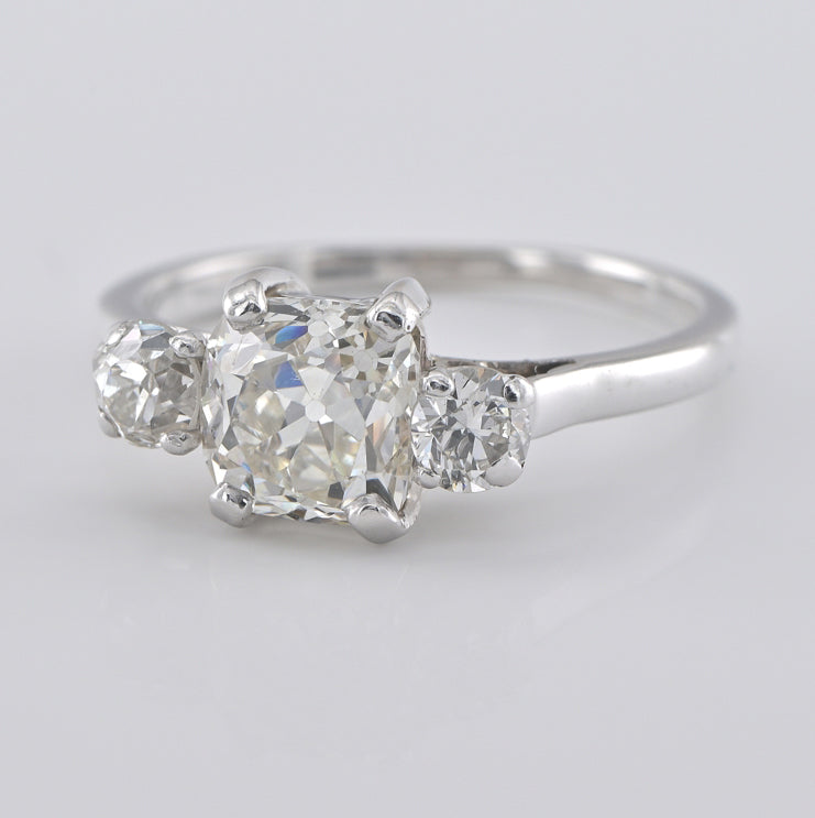 Art Deco Cushion Cut Diamond Trilogy Ring, 2.15 carats