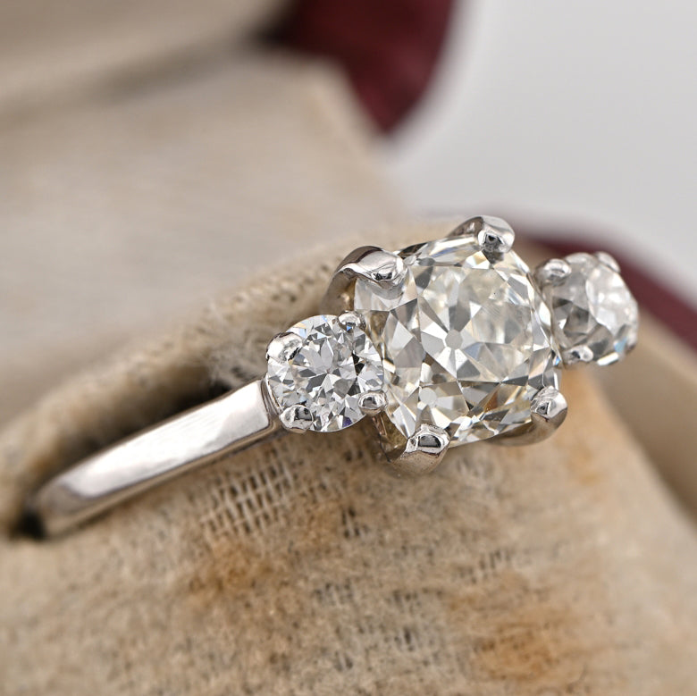 Art Deco 1.50ct VVS Cushion Cut Diamond Three Stone Ring, 2.15 carat total