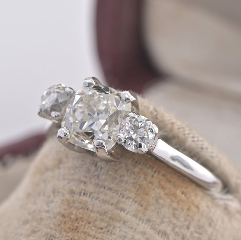 Antique 1.50ct VVS Cushion Cut Diamond Three Stone Ring, 2.15 carat total