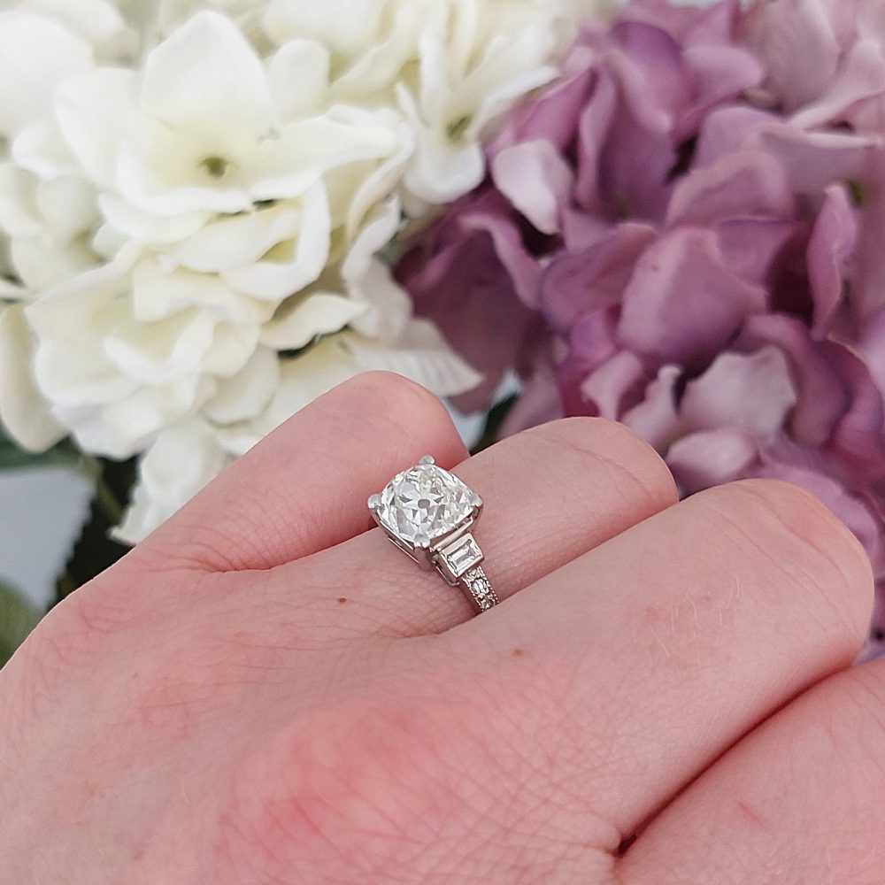 Art Deco 2.54ct Old Mine Cushion Cut Diamond Engagement Ring