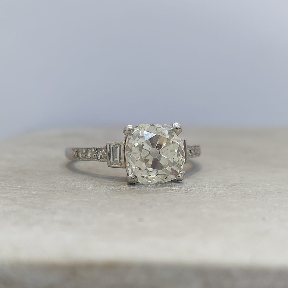 Art Deco 2.54ct Old Mine Cushion Cut Diamond Engagement Ring