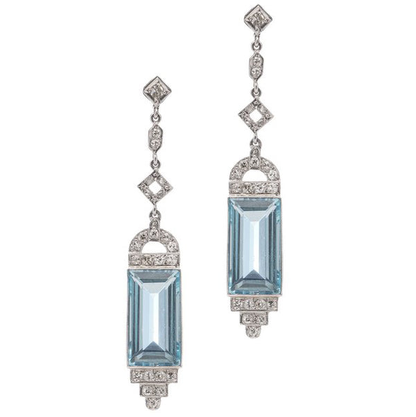 Art Deco 22ct Aquamarine and Old Cut Diamond Drop Earrings