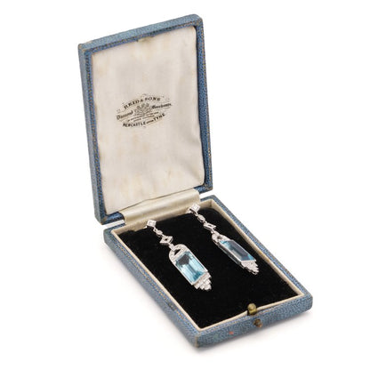 Art Deco 22ct Aquamarine and Old Cut Diamond Drop Earrings in Platinum
