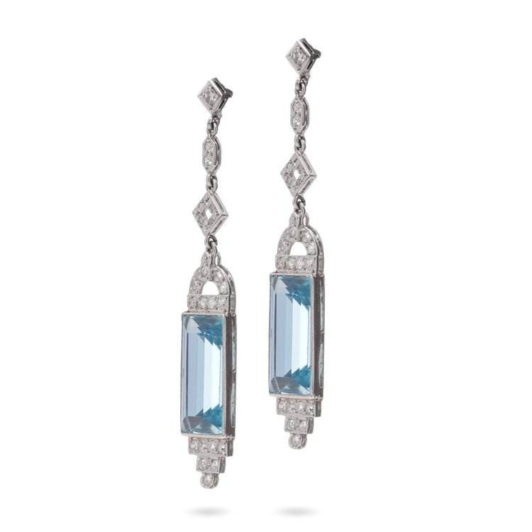 Art Deco 22ct Aquamarine and Old Cut Diamond Drop Earrings in Platinum