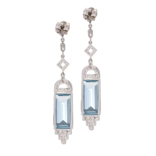 Art Deco Aquamarine and Old Cut Diamond Drop Earrings, 22 carats