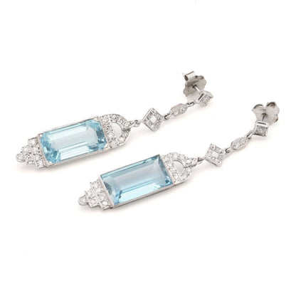 Art Deco 22ct Aquamarine and Old Cut Diamond Drop Earrings in Platinum