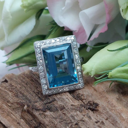 Art Deco 7ct Aquamarine and Diamond Cluster Dress Ring
