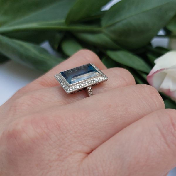 Art Deco 7ct Aquamarine and Diamond Cluster Dress Ring