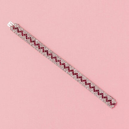Art Deco 8.6ct Burma Ruby and 11.52ct Old Cut Diamond Bracelet in Platinum, zig-zag line of baguette-cut unheated Burma rubies flanked by old cut diamonds