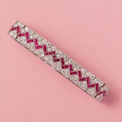 Art Deco 8.6ct Burma Ruby and 11.52ct Old Cut Diamond Bracelet in Platinum, zig-zag line of baguette-cut unheated Burma rubies flanked by old cut diamonds