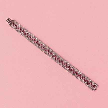 Art Deco Burma Ruby and Old Cut Diamond Bracelet in Platinum