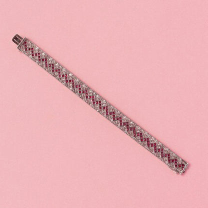 Art Deco Burma Ruby and Old Cut Diamond Bracelet in Platinum