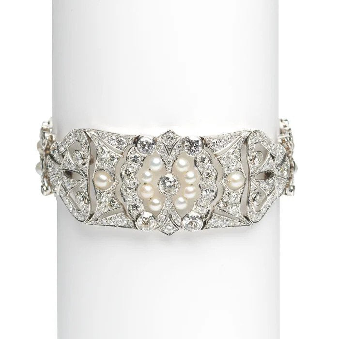 Art Deco 8.90ct Diamond and Natural Pearl Bracelet in Platinum