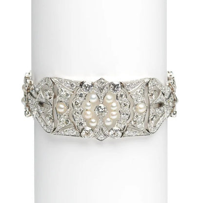 Art Deco 8.90ct Diamond and Natural Pearl Bracelet in Platinum