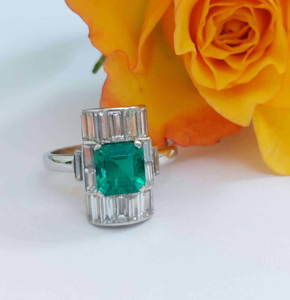 Art Deco Antique 1.15ct Emerald and Diamond Ring