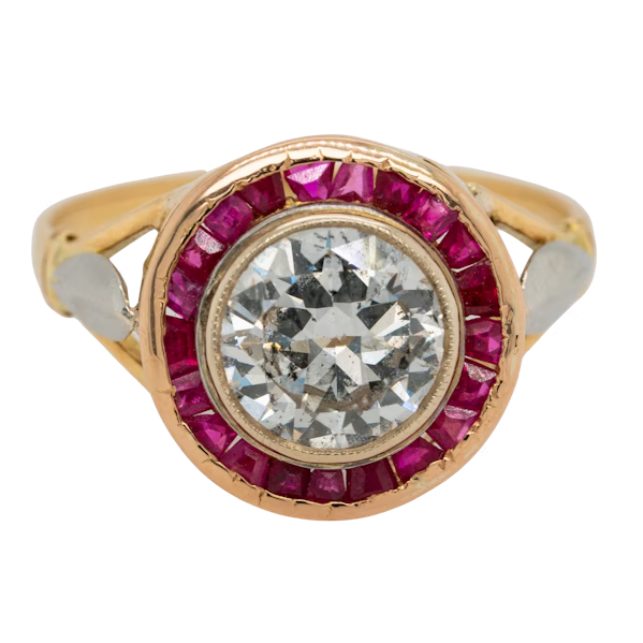 Art Deco Antique 1.55ct Diamond and Ruby Target Ring 