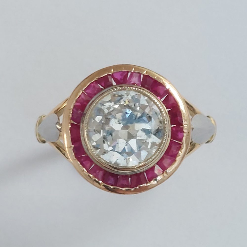 Art Deco Antique 1.55ct Diamond and Ruby Target Ring 