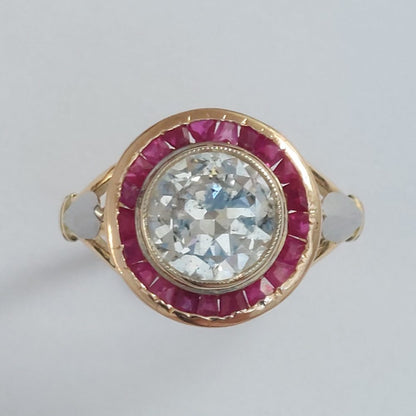 Art Deco Antique 1.55ct Diamond and Ruby Target Ring 