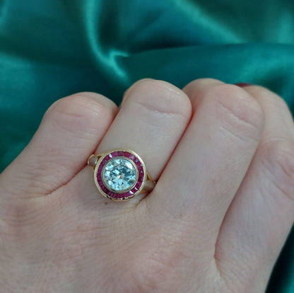 Art Deco Antique 1.55ct Diamond and Ruby Target Ring 