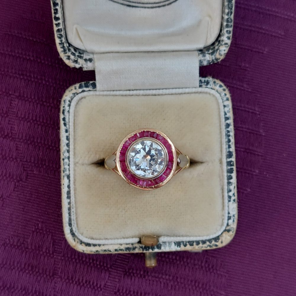 Art Deco Antique 1.55ct Diamond and Ruby Target Ring 