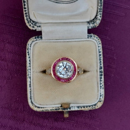 Art Deco Antique 1.55ct Diamond and Ruby Target Ring 