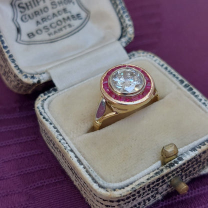 Art Deco Antique 1.55ct Diamond and Ruby Target Ring 