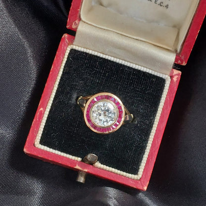Art Deco Antique 1.55ct Diamond and Ruby Target Ring 