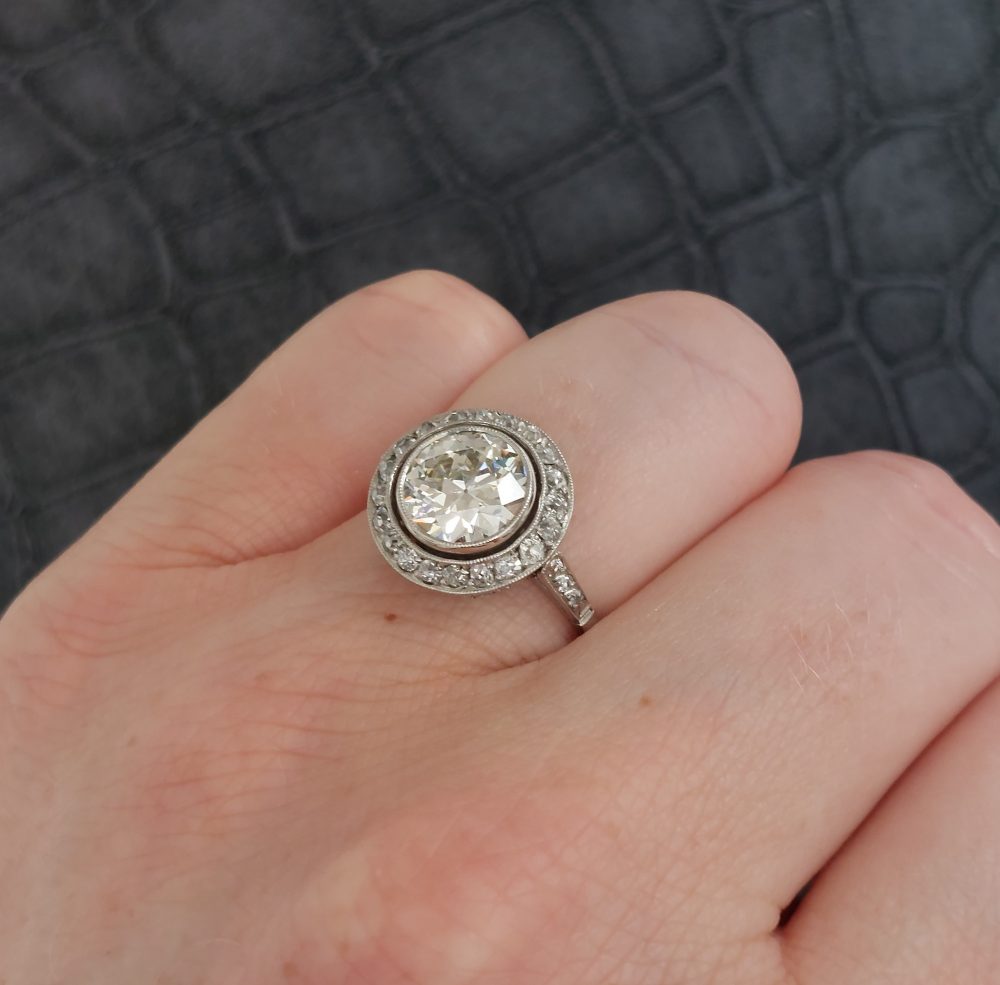 Art Deco Antique 2ct Old European Cut Diamond Halo Ring