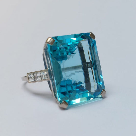 Art Deco Antique 30ct Aquamarine and Diamond Dress Ring