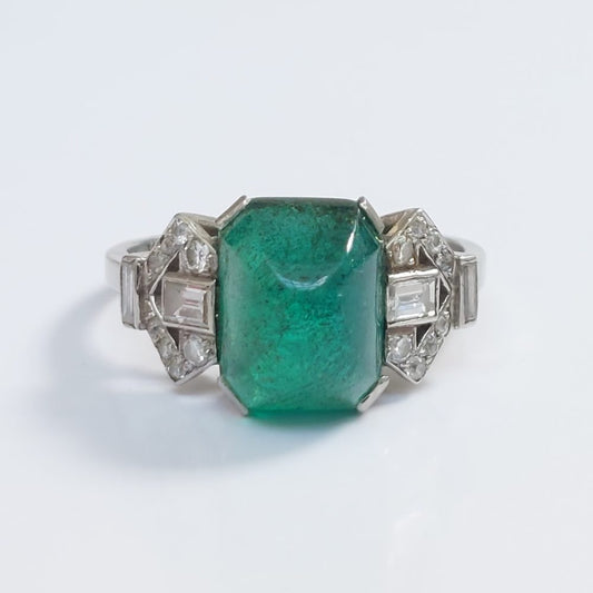 Art Deco Antique 4.10ct Sugarloaf Emerald and Diamond Ring