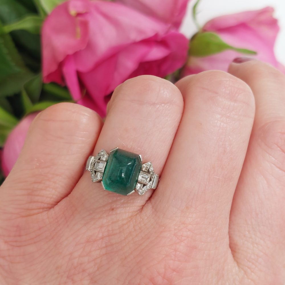 Art Deco Antique 4.10ct Sugarloaf Emerald and Diamond Ring