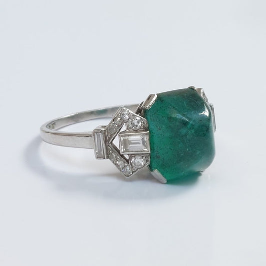 Art Deco Antique 4.10ct Sugarloaf Emerald and Diamond Ring