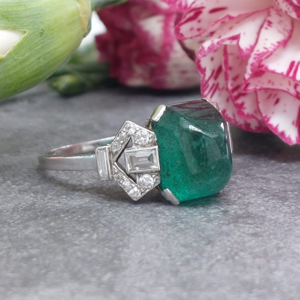 Art Deco Antique 4.10ct Sugarloaf Emerald and Diamond Ring