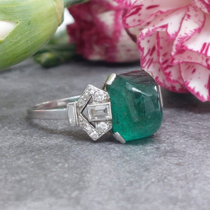 Art Deco Antique 4.10ct Sugarloaf Emerald and Diamond Ring
