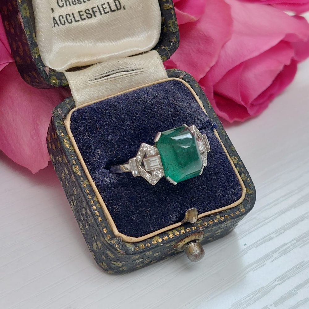 Art Deco Antique 4.10ct Sugarloaf Emerald and Diamond Ring
